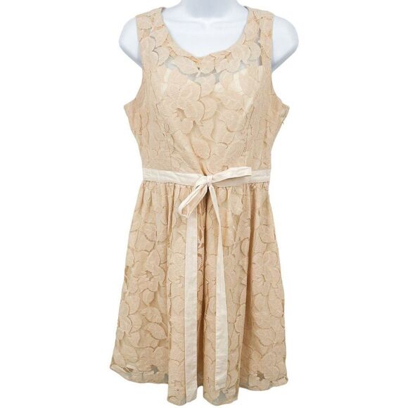 Pins and Needles Floral Leaf Sheer Lace Ribbon Tie Sleeveless Cream Ivory Dress - Picture 1 of 6